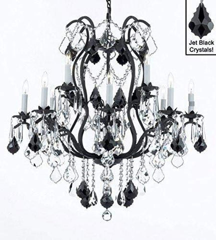 Wrought Iron Crystal Chandelier Lighting Chandeliers H36" x W36" Dressed with Jet Black Crystals! - A500-B20/3034/10+5