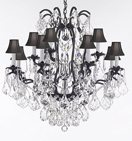Wrought Iron Crystal Chandelier Lighting Dressed With Diamond Cut Crystal Good For Dining Room Foyer Entryway Family Room Bedroom Living Room And More H 30" W 28" 12 Lights - A500-B91/Blackshades/3034/8+4Dc