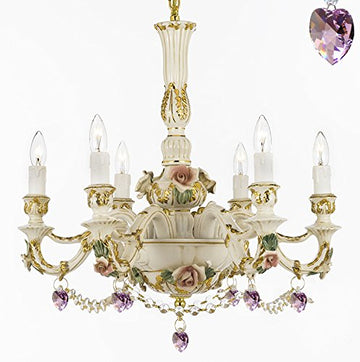 Authentic Capodimonte Porcelain Lighting Chandeliers Cottage Chic Made in Italy, Good for Dining Room, Kids & Girls Bedrooms 24K Gold Trimmed w/ Roses & Flowers Dressed w/ Crystals and Hearts - GB102-B52/B21/435/6