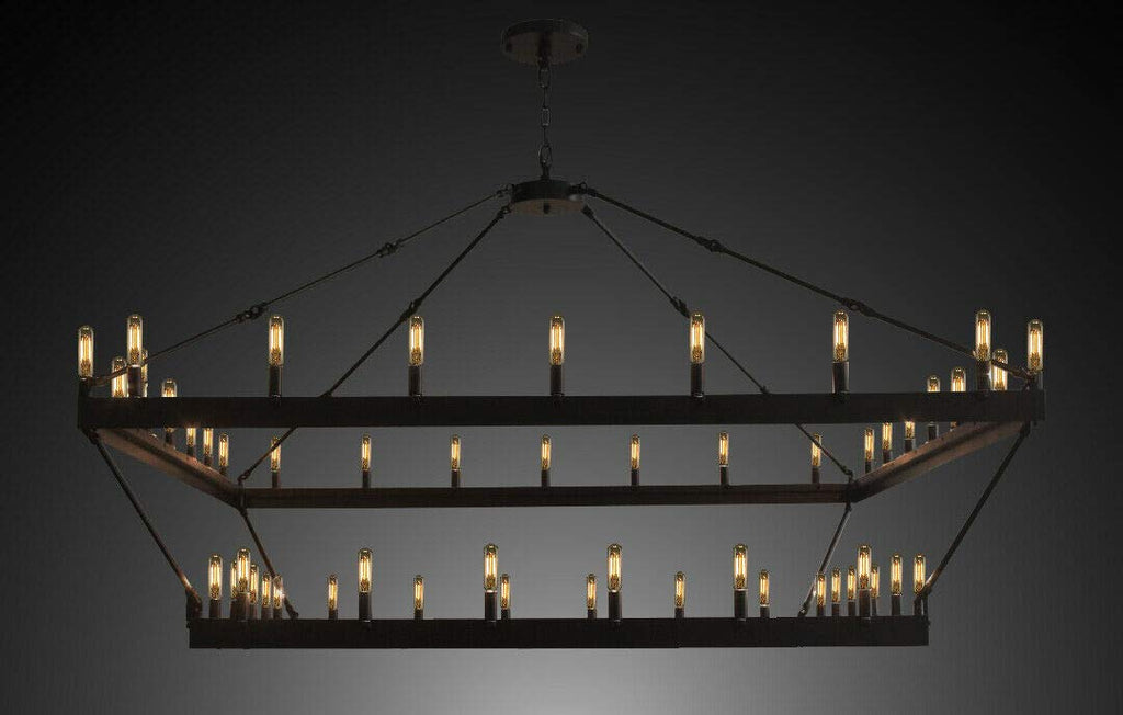 Inspired Camino Style Chandelier – Two Tier Wagon Wheel, Wrought Iron Vintage Barn Metal Rustic Industrial Lighting, W63" x H60"