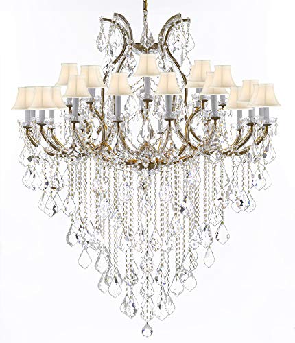 Swarovski Crystal Trimmed Chandelier Lighting Chandeliers H59" X W46" Great for The Foyer, Entry Way, Living Room, Family Room and More! w/White Shades - A500-B12/WHITESHADES/2MT/24+1SW