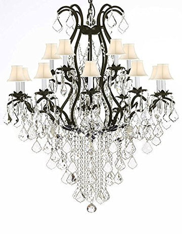 Swarovski Wrought Iron Chandelier Crystal Chandeliers Lighting Crystal H50" X W36" With White Shades! Great for Dining room, Entryway / Foyer, or Living room! - A500-SC/WHITESHADE/B12/3034/10+5SW