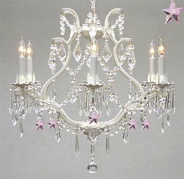 Wrought Iron & Crystal Chandelier Authentic Empress Crystal(Tm) Chandelier With Pink Stars Nursery Kids Girls Bedrooms Kitchen Etc. - A83-White/B38/3530/6