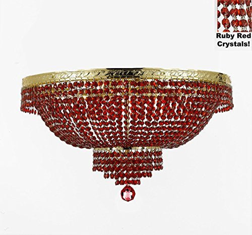 French Empire Semi Flush Crystal Chandelier Lighting - Dressed With Red Beads Color Crystals H21" X W30" - A500-B81/Flush/Cg/870/14