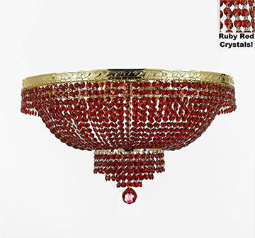 French Empire Semi Flush Crystal Chandelier Lighting - Dressed With Red Beads Color Crystals H21" X W30" - A500-B81/Flush/Cg/870/14
