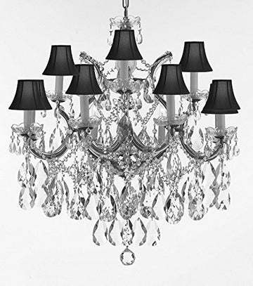 Maria Theresa Chandelier Lights Fixture Pendant Ceiling Lamp Dressed With Large Luxe Diamond Cut Crystals H30" X W28" - Good For Dining Room Foyer Entryway Living Room And More W/Black Shades - A500-B90/Blackshades/Cs/21532/12+1Dc