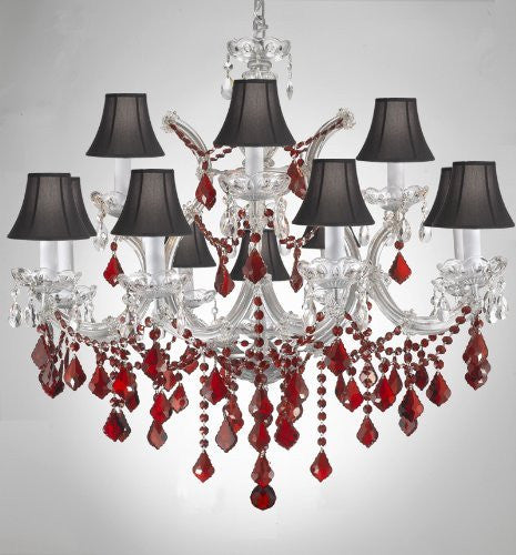 Chandelier Crystal Lighting H30" X W28" W/ Ruby Red Crystal & Black Shades - A500-B2/Sc/Silver/21532/12+1