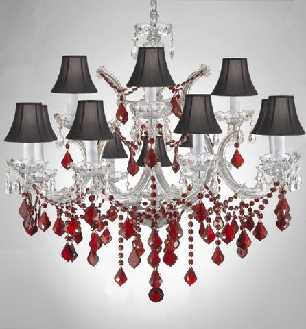Chandelier Crystal Lighting H30" X W28" W/ Ruby Red Crystal & Black Shades - A500-B2/Sc/Silver/21532/12+1