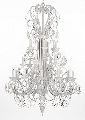 Large Foyer / Entryway White Wrought Iron Chandelier Lighting 50" Inches Tall With Crystal - J10-B12/WHITE/26015/24