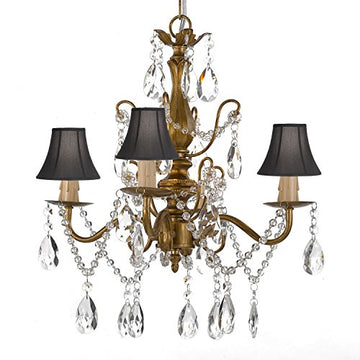Wrought Iron and Crystal 4 Light Gold Chandelier H 14" X W 15" Pendant Fixture Lighting Hardwire and Plug In with Shades - J10-SCL1490CG black shades