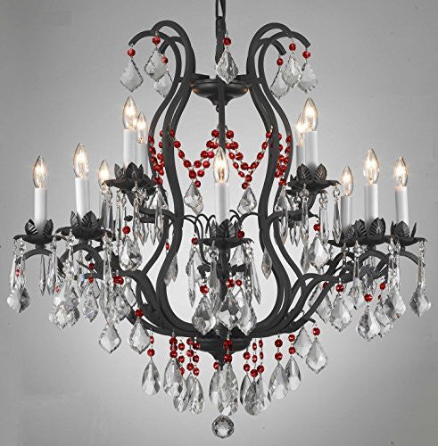Wrought Iron Crystal Chandelier Lighting Chandeliers H30" X W28" - Dressed With Ruby Red Crystals - A500-B75/3034/8+4