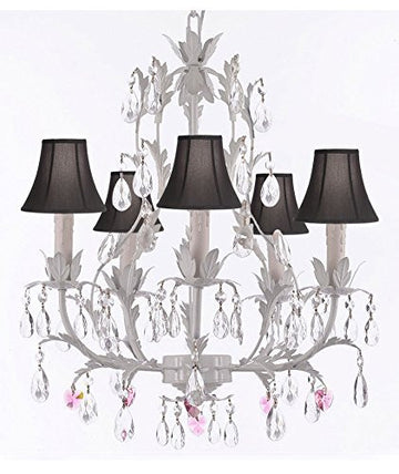 White Wrought Iron Floral Chandelier Lighting W/ Pink Hearts And Shades - J10-Sc/Blackshade/B21/White/26016/5