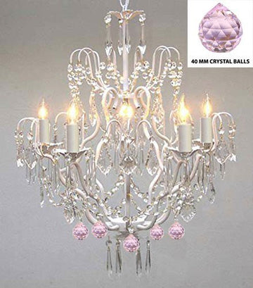 Wrought Iron & Crystal Chandelier Authentic Empress Crystal(Tm) Chandelier Lighting Chandeliers With Pink Balls Nursery Kids Girls Bedrooms Kitchen Etc. - J10-White/B76/C/26025/5