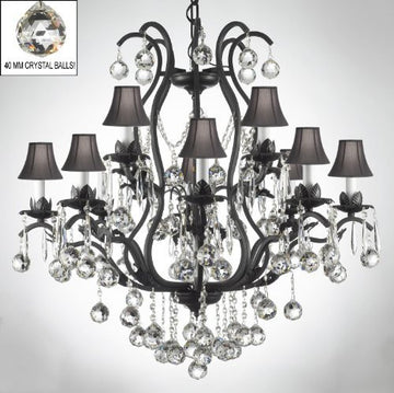 Wrought Iron Empress Crystal (Tm) Chandelier Lighting Dressed W/ Crystal Balls H36" W36" With Shades - A500-B6/Sc/3034/10+5-Blackshades