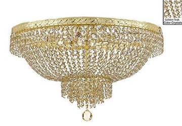 French Empire Semi Flush Crystal Chandelier Lighting - Dressed With Golden Teak Color Crystals H21" X W30" - A500-B78/Flush/Cg/870/14