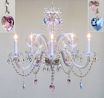 Authentic All Crystal Chandelier Chandeliers Lighting With Sapphire Blue & Pink Crystal Hearts Perfect For Living Room Dining Room Kitchen Kid'S Bedroom H25" W24" - A46-B85/B21/387/5
