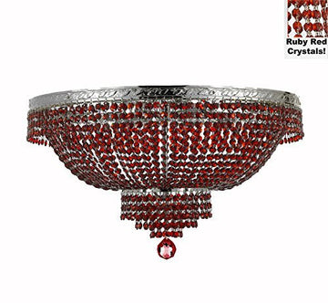 French Empire Semi Flush Crystal Chandelier Lighting - Dressed With Red Beads Color Crystals H21" X W30" - A500-B81/Flush/Cs/870/14