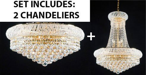 Set Of 2 - New French Empire Crystal Chandelier 24X32 + Flush Empire Crystal Chandelier Lighting 15X24 - Foyer Hallway Bedroom Kitchen- Works For All Locations - 1Ea-A500-542/15+1Ea-A500-Flush/542/15