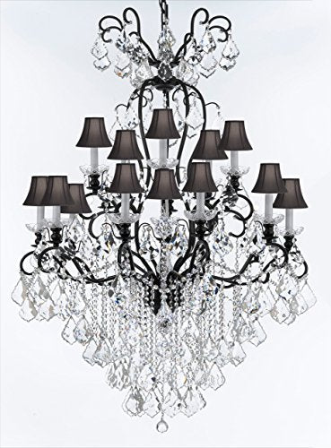 Swarovski Crystal Trimmed Wrought Iron Crystal Chandelier Lighting W38" H60" - Good for Entryway, Foyer, Living Room, Ballrooms, Catering Halls, Event Halls! w/ Black Shades - A500-BLACKSHADES/B12/556/16SW