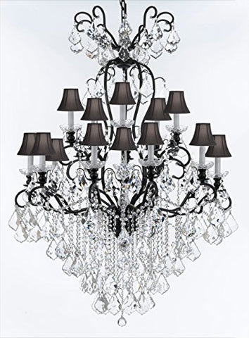 Swarovski Crystal Trimmed Wrought Iron Crystal Chandelier Lighting W38" H60" - Good for Entryway, Foyer, Living Room, Ballrooms, Catering Halls, Event Halls! w/ Black Shades - A500-BLACKSHADES/B12/556/16SW