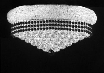 Flush French Empire Crystal Chandelier Lighting Trimmed With Jet Black Crystal Good For Dining Room Foyer Entryway Family Room And More H15" X W24" - A500-B79/Silver/Flush/542/15