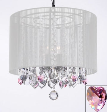 Crystal Chandelier With Large White Shade And Pink Crystal Hearts H15" X W15" - Perfect For Kids' And Girls Bedrooms - G7-B21/White/26028/3