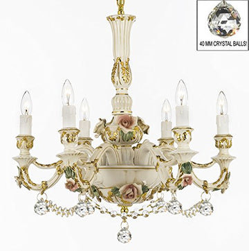 Authentic Capodimonte Porcelain Lighting Chandeliers Cottage Chic Made in Italy, 24K Gold Trimmed w/ Roses & Flowers Trimmed with Spectra Crystal - Reliable Crystal Quality By Swarovski - GB102-B52/B6/435/6SW