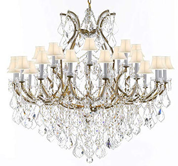 Swarovski Crystal Trimmed Chandelier Lighting Chandeliers H46" X W46" Dressed with Large, Luxe Crystals! - Great for The Foyer, Entry Way, Living Room, Family Room and More! w/White Shades - A500-B90/WHITESHADES/2MT/24+1SW