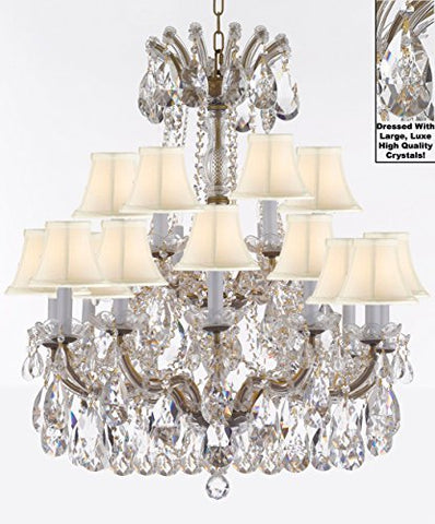 Swarovski Crystal Trimmed Maria Theresa Chandelier Lights Fixture Pendant Ceiling Lamp Dressed With Large Luxe Crystals H30" X W28" - Good For Dining Room Foyer Entryway With Whiteshades - A500-Cg/Whiteshades/B90/152/18Sw