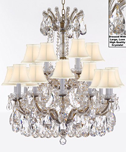 Maria Theresa Chandelier Crystal Lighting Fixture Pendant Ceiling Lamp With Large Luxe Diamond Cut Crystals H30" X W28" -Good For Dining Room Living Room And More W/ Whiteshades - A500-Cg/Whiteshades/B90/152/18Dc