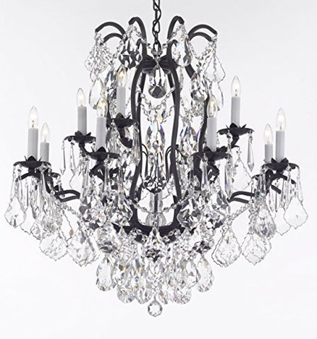 Wrought Iron Crystal Chandelier Lighting Dressed With Diamond Cut Crystal Good For Dining Room Foyer Entryway Family Room Bedroom Living Room And More H 30" W 28" 12 Lights - A500-B91/3034/8+4Dc