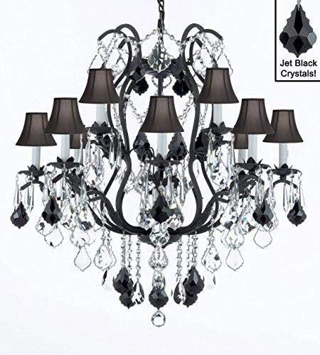 Wrought Iron Crystal Chandelier Lighting Chandeliers H36" W36" with Black Shades! - A500-SC/BLACKSHADE/B20/3034/10+5
