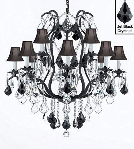 Wrought Iron Crystal Chandelier Lighting Chandeliers H36" W36" with Black Shades! - A500-SC/BLACKSHADE/B20/3034/10+5