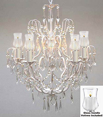 Crystal Chandelier W/ Candle Votives H27" X W21"- For Indoor / Outdoor Use Great For Outdoor Events Hang From Trees / Gazebo / Pergola / Porch / Patio / Tent - J10-White/B31/C/26025/5