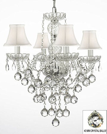 New Authentic All Crystal Chandelier Lighting W/ 40Mm Crystal Balls And With White Shades H22" X W17" - J10-Whiteshades/B6/3/26098/4