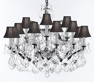 19th C. Baroque Iron & Crystal Chandelier Lighting H 22" x W 30" - Dressed With Large, Luxe Crystals! Good for Dining room, Foyer, Entryway, Living Room, Bedroom! w/ Black Shades - G93-BLACKSHADES/B62/B89/995/18DC