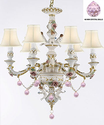 Authentic Capodimonte Porcelain Chandelier Lighting Chandeliers w/ Cherub Angels W/ Pink Balls w/ white Shades Made in Italy Trimmed w/ Roses & Flowers-Limited Stock Available - GB102-SC/WHITESHADES/B76/119/6