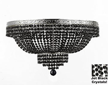 French Empire Semi Flush Crystal Chandelier Lighting - Dressed With Jet Black Color Crystals H21" X W30" - A500-B80/Flush/Cs/870/14