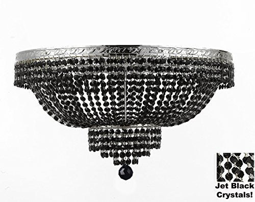 French Empire Semi Flush Crystal Chandelier Lighting - Dressed With Jet Black Color Crystals H18" X W24" - A500-B80/Flush/Cs/870/9