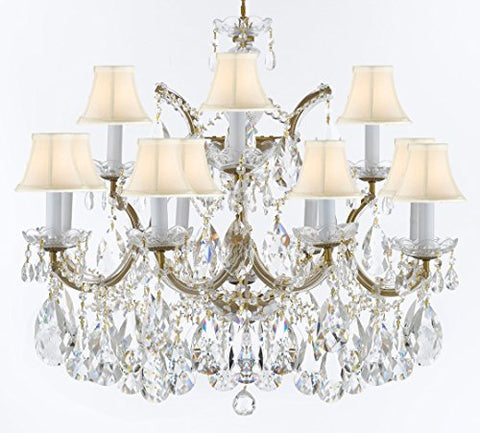 Swarovski Crystal Trimmed Maria Theresa Chandelier Crystal Lighting Fixture Pendant Ceiling Lamp for Dining room, Entryway , Living room With Large, Luxe Crystals! H22" X W28" w/ White Shades - A500-CG/WHITESHADES/B89/21532/12+1SW