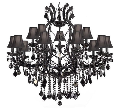 Jet Black Chandelier Crystal Lighting Chandeliers H38" X W37" With Black Shades - A500-Sc/BLACK/21510/15+1