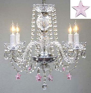 Empress Crystal(Tm) Chandelier Lighting W/ Pink Crystal Stars H 17" W17" - Nursery Kids Girls Bedrooms Kitchen Etc - J10-B38/26098/4