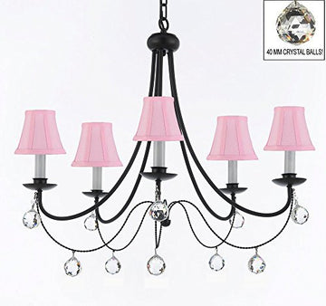 Empress Crystal (Tm) Wrought Iron Chandelier Lighting H.22.5" X W.26" With Pink Shades And Crystal Balls - J10-Sc/Pinkshades/B6/26031/5