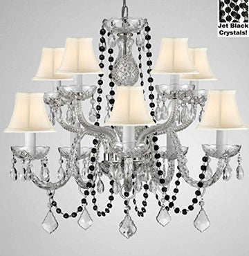 Authentic All Crystal Chandelier Chandeliers Lighting With Jet Black Crystals And White Shades Perfect For Living Room Dining Room Kitchen Kid'S Bedroom H25" W24" - G46-B80/Cs/Whiteshades/1122/5+5
