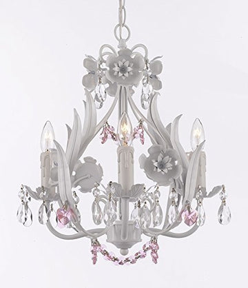 White Iron Floral Crystal Flower Chandelier Lighting W/ Pink Crystal Hearts And Strands - Perfect For Kid'S And Girls Bedroom Swag Plug In-Chandelier W/ 14' Feet Of Hanging Chain And Wire - J10-B17/B41/White/26027/4