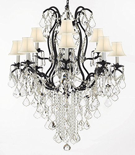 Wrought Iron Empress Crystal (Tm) Chandelier Lighting H40" X W28" With White Shades - A500-Sc/Whiteshades/B12/3034/8+4