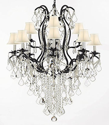 Wrought Iron Empress Crystal (Tm) Chandelier Lighting H40" X W28" With White Shades - A500-Sc/Whiteshades/B12/3034/8+4