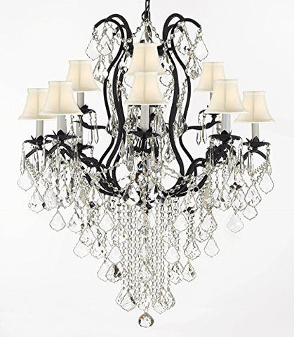 Wrought Iron Crystal Chandelier Lighting H40" X W28" With Shades Trimmed With Spectra (Tm) Crystal - Reliable Crystal Quality By Swarovski - A500-Sc/Whiteshade/B12/3034/8+4Sw