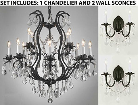Three Piece Lighting Set - Wrought Iron Crystal Lighting Chandeliers H30" X W28" And 2 Wall Sconces - A500-1Ea 3034/8+4 + 2Ea 2/3034/Wallsconce