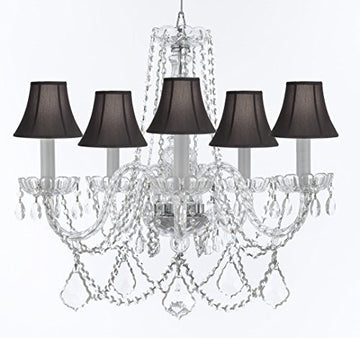 Murano Venetian Style Chandelier Crystal Lights Fixture Pendant Ceiling Lamp for Dining Room, Bedroom, Entryway , Living Room with Large, Luxe, Diamond Cut Crystals! H25" X W24" w/ Black Shades - A46-BLACKSHADES/B94/B89/384/5DC